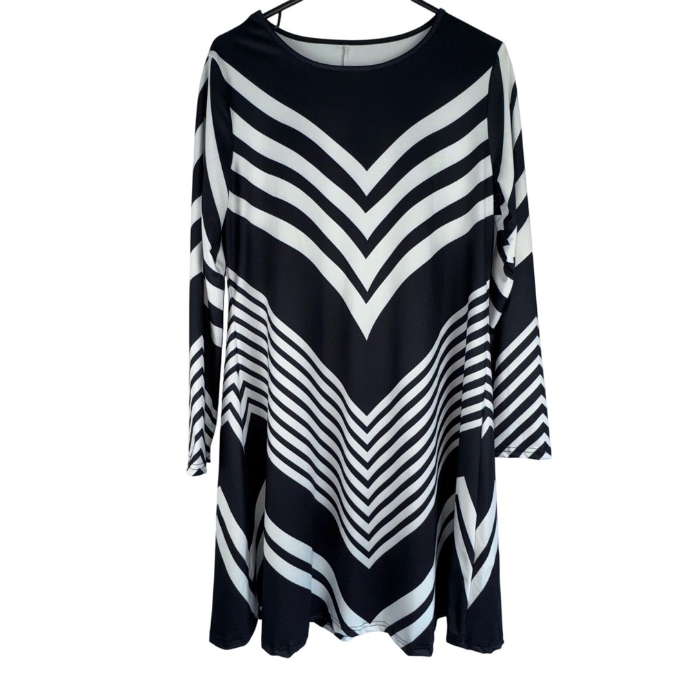Chevron Striped Tunic Dress‎ Large Black Long Sleeve Swing Geometric Print Fall
